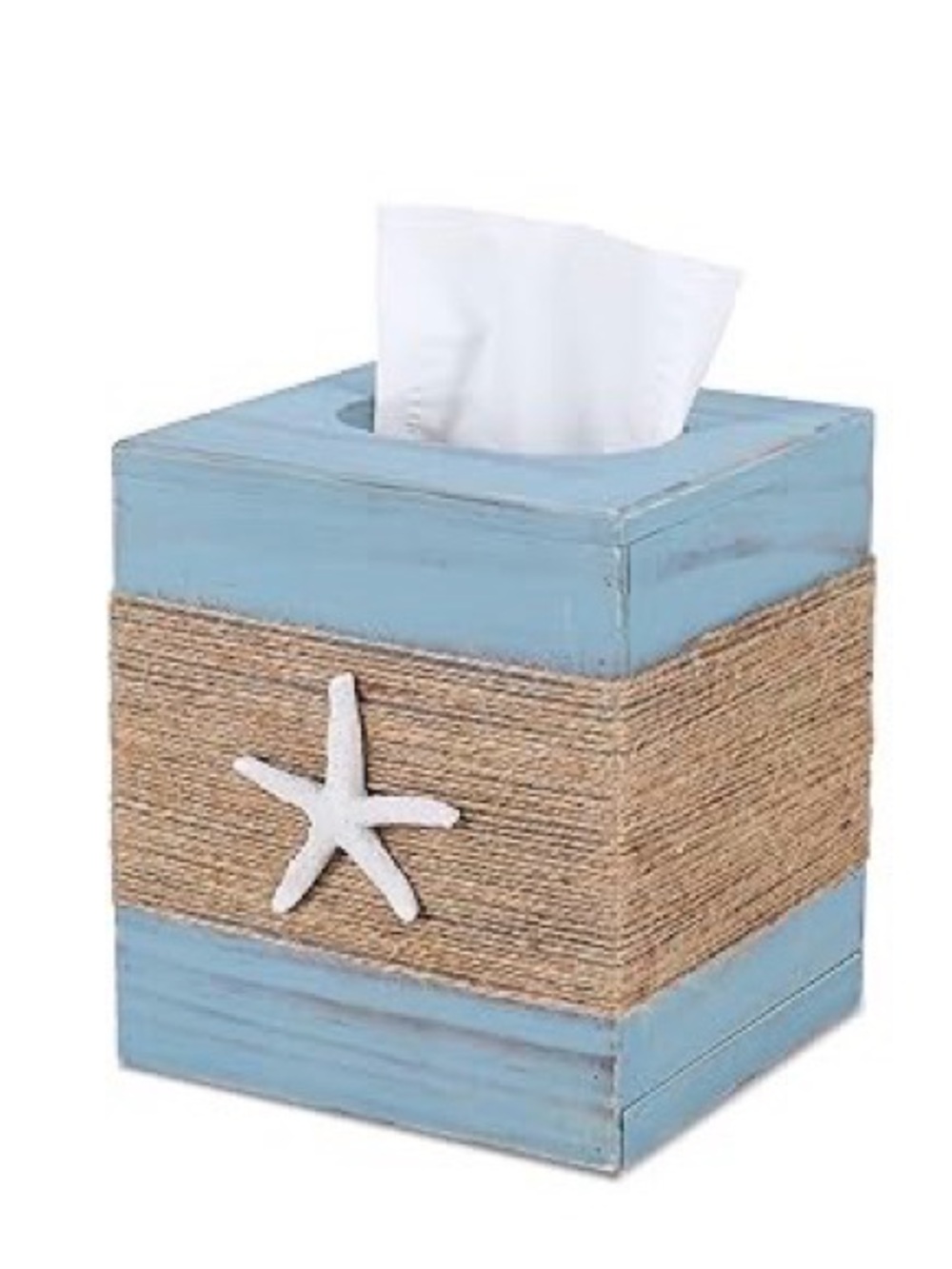 Coastal Blue Wooden Tissue Box Cover with Starfish
